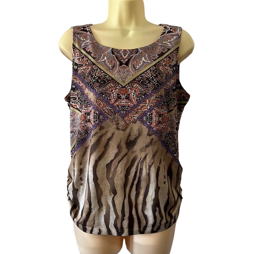 Chico’s 1 Paisley & Animal Print Knit Top Blouse Woman Size 8 Embellished